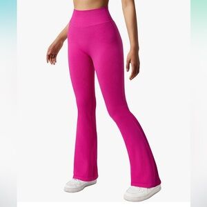 Pink Ribbed Seamless Flare Leggings Bootcut High Waist Yoga Pants Large
